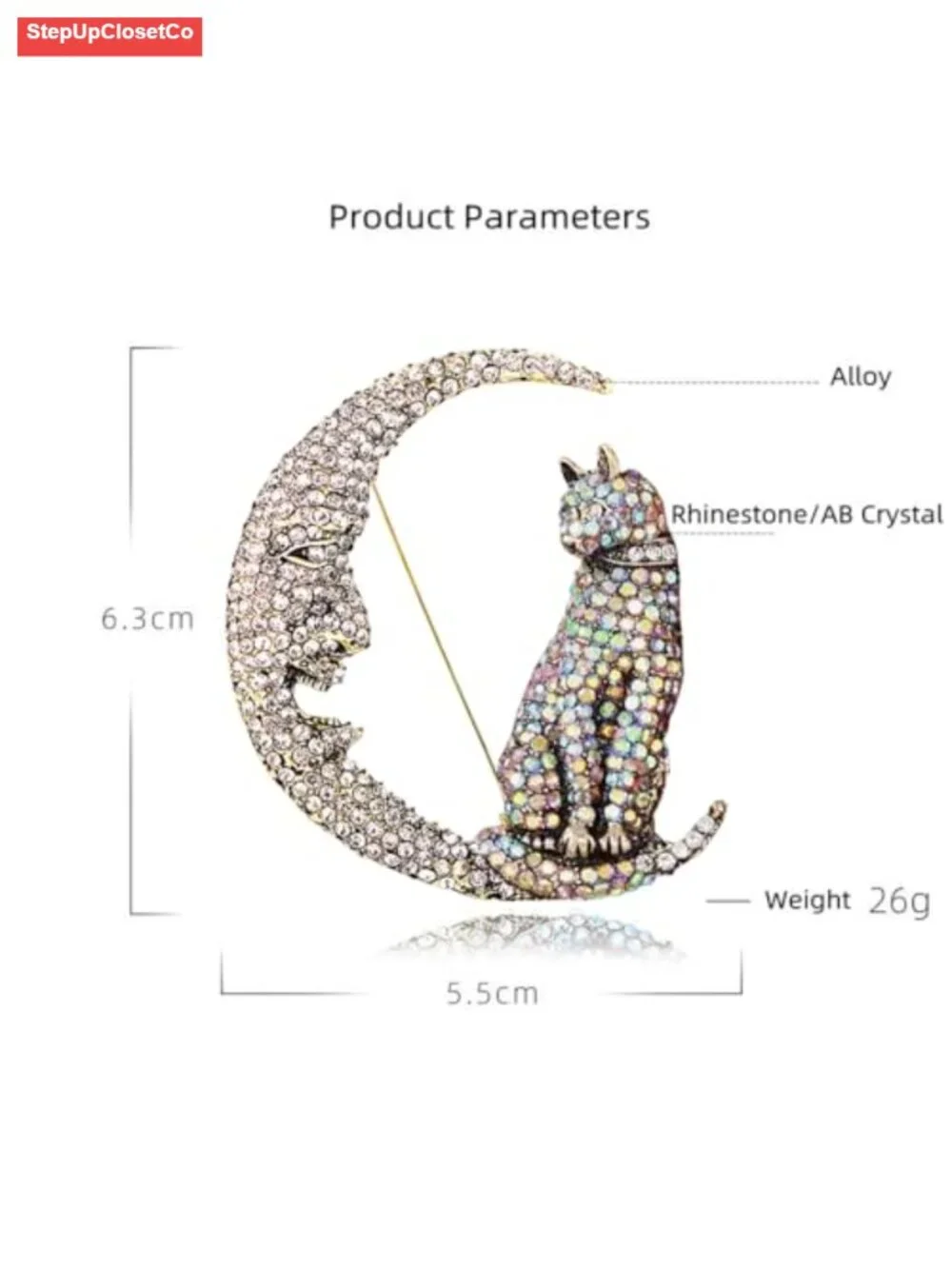 Rhinestone Cat on Moon Brooch Pin Vintage AB Crystal Kitten Crescent Celestial